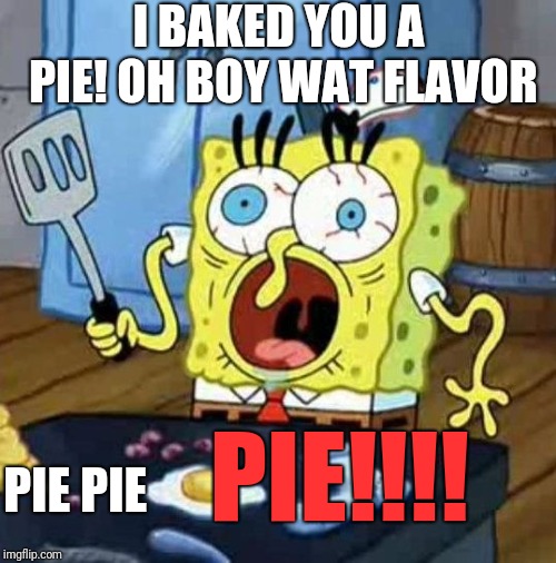 Spongebob Funny Face | I BAKED YOU A PIE! OH BOY WAT FLAVOR PIE PIE PIE!!!! | image tagged in spongebob funny face | made w/ Imgflip meme maker