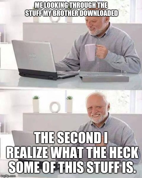 Hide the Pain Harold | ME LOOKING THROUGH THE STUFF MY BROTHER DOWNLOADED; THE SECOND I REALIZE WHAT THE HECK SOME OF THIS STUFF IS. | image tagged in memes,hide the pain harold | made w/ Imgflip meme maker