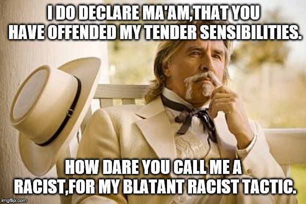 Southern Gentleman | I DO DECLARE MA'AM,THAT YOU HAVE OFFENDED MY TENDER SENSIBILITIES. HOW DARE YOU CALL ME A RACIST,FOR MY BLATANT RACIST TACTIC. | image tagged in southern gentleman | made w/ Imgflip meme maker