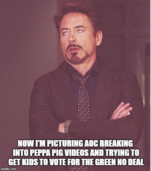 Face You Make Robert Downey Jr Meme | NOW I'M PICTURING AOC BREAKING INTO PEPPA PIG VIDEOS AND TRYING TO GET KIDS TO VOTE FOR THE GREEN NO DEAL | image tagged in memes,face you make robert downey jr | made w/ Imgflip meme maker