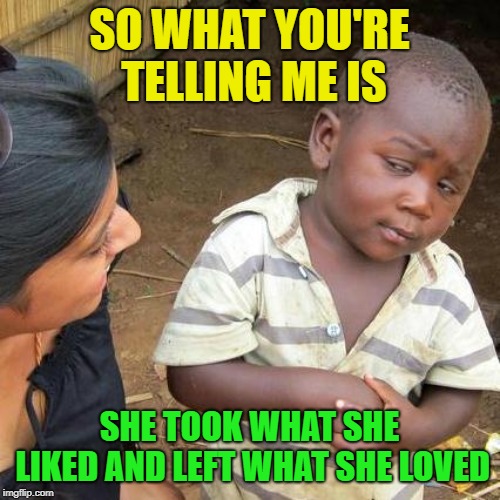 Third World Skeptical Kid Meme | SO WHAT YOU'RE TELLING ME IS SHE TOOK WHAT SHE LIKED AND LEFT WHAT SHE LOVED | image tagged in memes,third world skeptical kid | made w/ Imgflip meme maker