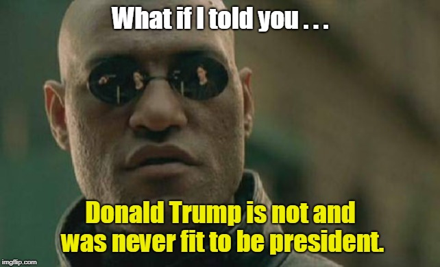 Matrix Morpheus | What if I told you . . . Donald Trump is not and was never fit to be president. | image tagged in memes,matrix morpheus | made w/ Imgflip meme maker