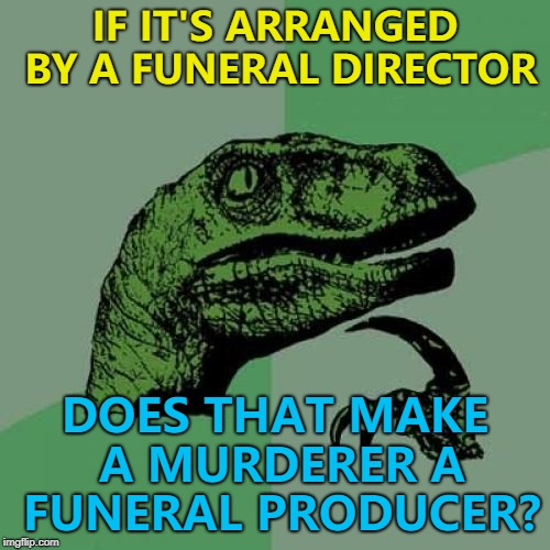 Don't know who'd do sound or lights etc... :) | IF IT'S ARRANGED BY A FUNERAL DIRECTOR; DOES THAT MAKE A MURDERER A FUNERAL PRODUCER? | image tagged in memes,philosoraptor,funeral | made w/ Imgflip meme maker