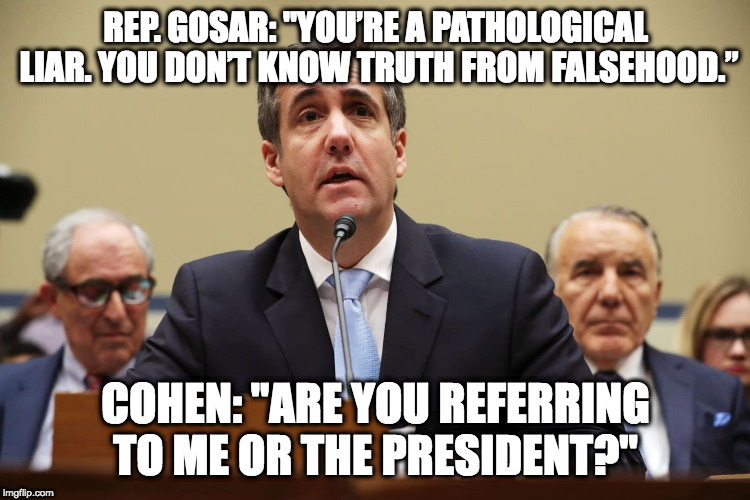 Don't Go There | REP. GOSAR: "YOU’RE A PATHOLOGICAL LIAR. YOU DON’T KNOW TRUTH FROM FALSEHOOD.”; COHEN: "ARE YOU REFERRING TO ME OR THE PRESIDENT?" | image tagged in michael cohen | made w/ Imgflip meme maker