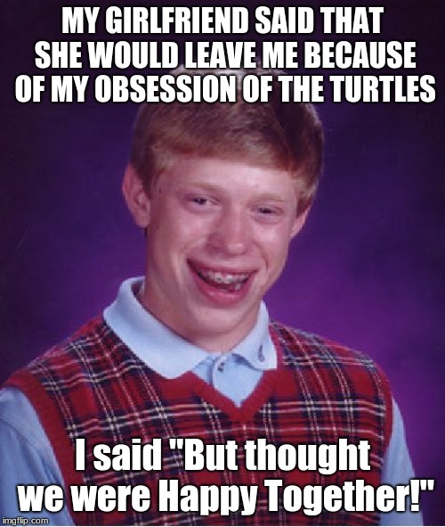 I really thought so :'( | MY GIRLFRIEND SAID THAT SHE WOULD LEAVE ME BECAUSE OF MY OBSESSION OF THE TURTLES; I said "But thought we were Happy Together!" | image tagged in memes,bad luck brian,the turtles | made w/ Imgflip meme maker