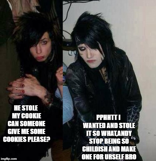 PPHHTT I WANTED AND STOLE IT SO WHAT,ANDY STOP BEING SO CHILDISH AND MAKE ONE FOR URSELF BRO; HE STOLE MY COOKIE CAN SOMEONE GIVE ME SOME COOKIES PLEASE? | image tagged in black veil brides | made w/ Imgflip meme maker