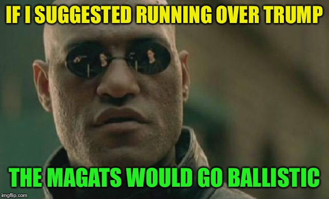 Matrix Morpheus Meme | IF I SUGGESTED RUNNING OVER TRUMP THE MAGATS WOULD GO BALLISTIC | image tagged in memes,matrix morpheus | made w/ Imgflip meme maker