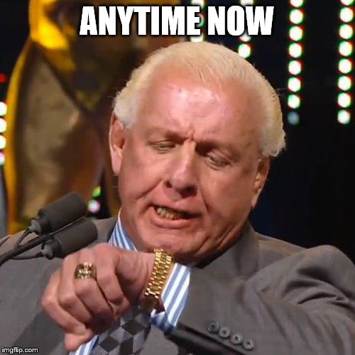 RIC FLAIR LOOKS AT WATCH | ANYTIME NOW | image tagged in ric flair looks at watch | made w/ Imgflip meme maker