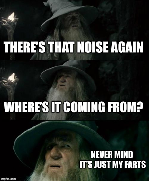 Confused Gandalf | THERE’S THAT NOISE AGAIN; WHERE’S IT COMING FROM? NEVER MIND IT’S JUST MY FARTS | image tagged in memes,confused gandalf | made w/ Imgflip meme maker