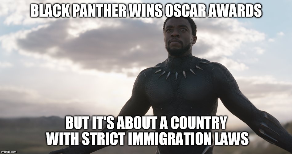 Black Panther Spotlight | BLACK PANTHER WINS OSCAR AWARDS; BUT IT'S ABOUT A COUNTRY WITH STRICT IMMIGRATION LAWS | image tagged in black panther spotlight | made w/ Imgflip meme maker