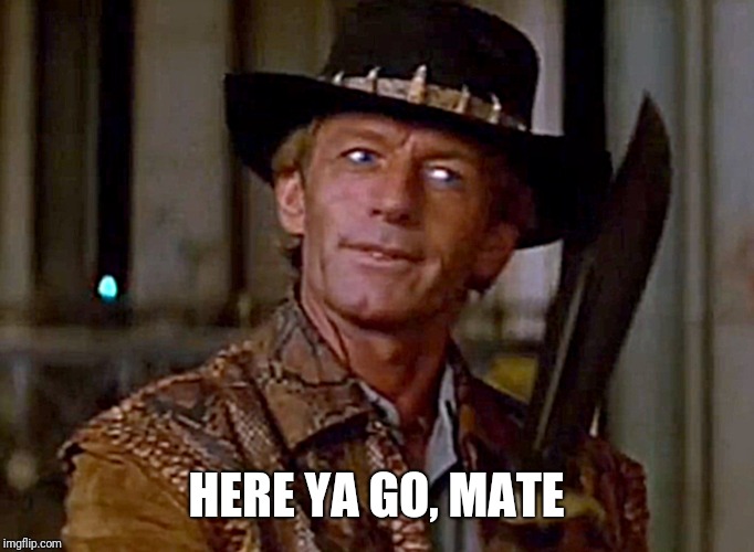 Crocodile Dundee Knife | HERE YA GO, MATE | image tagged in crocodile dundee knife | made w/ Imgflip meme maker
