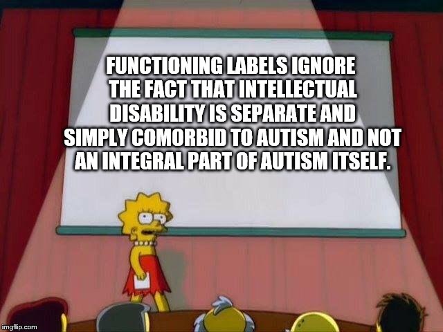 Lisa Simpson's Presentation | FUNCTIONING LABELS IGNORE THE FACT THAT INTELLECTUAL DISABILITY IS SEPARATE AND SIMPLY COMORBID TO AUTISM AND NOT AN INTEGRAL PART OF AUTISM ITSELF. | image tagged in lisa simpson's presentation | made w/ Imgflip meme maker