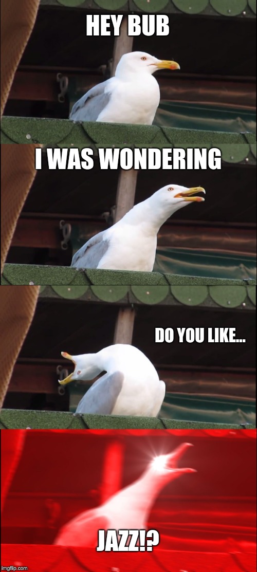Inhaling Seagull | HEY BUB; I WAS WONDERING; DO YOU LIKE... JAZZ!? | image tagged in memes,inhaling seagull | made w/ Imgflip meme maker