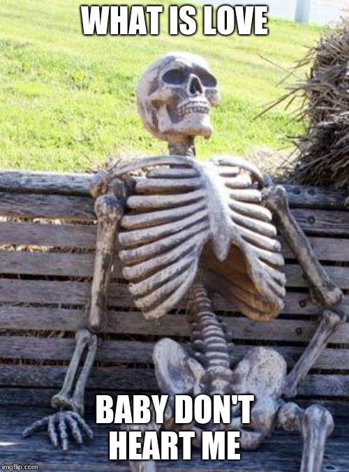 Waiting Skeleton | WHAT IS LOVE; BABY DON'T HEART ME | image tagged in memes,waiting skeleton | made w/ Imgflip meme maker