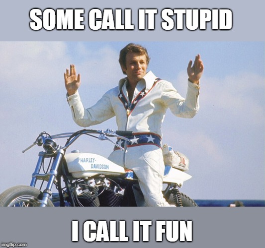 Evel Knievel | SOME CALL IT STUPID I CALL IT FUN | image tagged in evel knievel | made w/ Imgflip meme maker