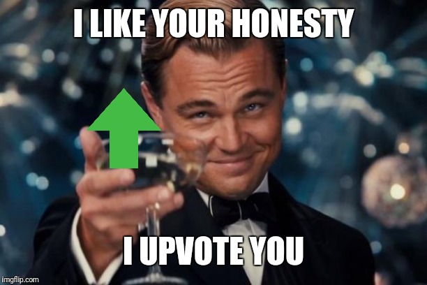 Leonardo Dicaprio Cheers Meme | I LIKE YOUR HONESTY I UPVOTE YOU | image tagged in memes,leonardo dicaprio cheers | made w/ Imgflip meme maker