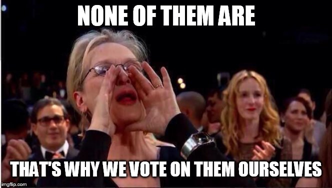 Meryl Streep Oscar | NONE OF THEM ARE THAT'S WHY WE VOTE ON THEM OURSELVES | image tagged in meryl streep oscar | made w/ Imgflip meme maker