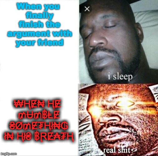 REALLY... | When you finally finish the argument with your friend; ₩ⱧɆ₦ ⱧɆ ₥Ʉ₥฿ⱠɆ ₴Ø₥Ɇ₮Ⱨł₦₲ ł₦ Ⱨł₴ ฿ⱤɆ₳₮Ⱨ | image tagged in memes,sleeping shaq | made w/ Imgflip meme maker