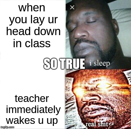 Sleeping Shaq Meme | when you lay ur head down in class; SO TRUE; teacher immediately wakes u up | image tagged in memes,sleeping shaq | made w/ Imgflip meme maker