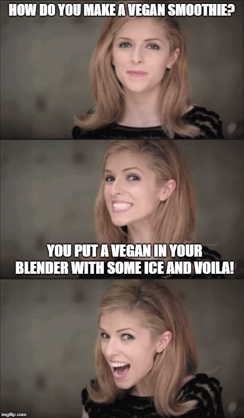 I never said it would taste good, but it would be a good start. | HOW DO YOU MAKE A VEGAN SMOOTHIE? YOU PUT A VEGAN IN YOUR BLENDER WITH SOME ICE AND VOILA! | image tagged in memes,bad pun anna kendrick,vegans,smoothie | made w/ Imgflip meme maker