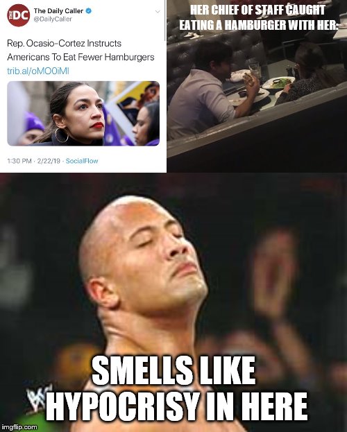 Can you imagine the number of cow farts that went in to that?! | HER CHIEF OF STAFF CAUGHT EATING A HAMBURGER WITH HER:; SMELLS LIKE HYPOCRISY IN HERE | image tagged in the rock smelling | made w/ Imgflip meme maker
