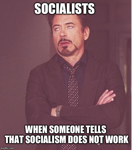 Socialism does not work people | SOCIALISTS; WHEN SOMEONE TELLS THAT SOCIALISM DOES NOT WORK | image tagged in memes,face you make robert downey jr | made w/ Imgflip meme maker
