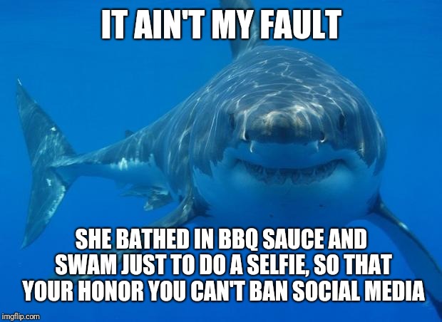 Straight White Shark | IT AIN'T MY FAULT SHE BATHED IN BBQ SAUCE AND SWAM JUST TO DO A SELFIE, SO THAT YOUR HONOR YOU CAN'T BAN SOCIAL MEDIA | image tagged in straight white shark | made w/ Imgflip meme maker