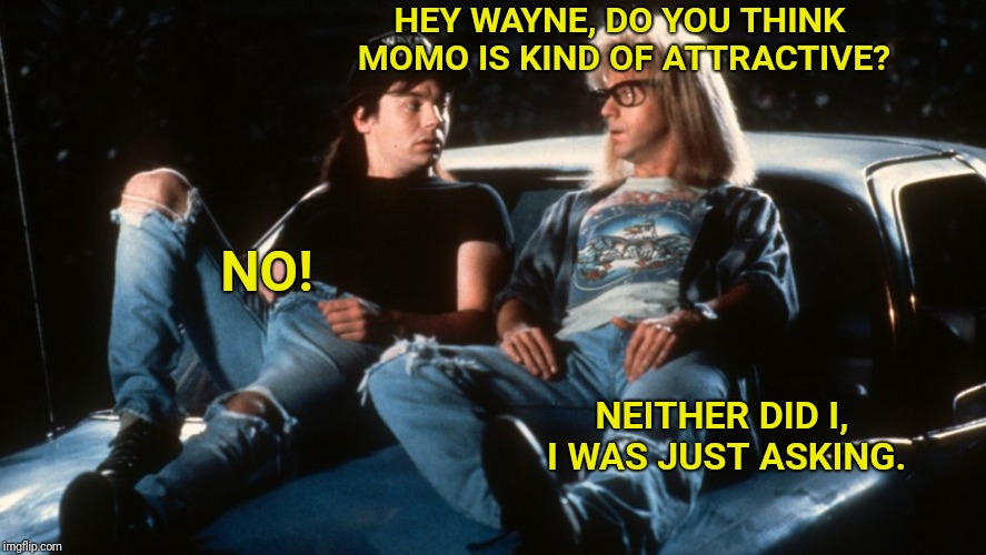 What's worse? MOMO or the fact someone probably thinks this? | HEY WAYNE, DO YOU THINK MOMO IS KIND OF ATTRACTIVE? NO! NEITHER DID I, I WAS JUST ASKING. | image tagged in momo,wayne's world,freaky,funny | made w/ Imgflip meme maker