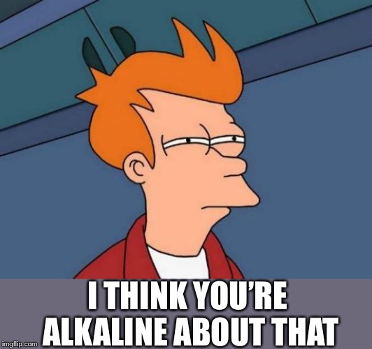 Futurama Fry Meme | I THINK YOU’RE ALKALINE ABOUT THAT | image tagged in memes,futurama fry | made w/ Imgflip meme maker