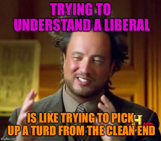 Ancient Aliens | TRYING TO UNDERSTAND A LIBERAL; IS LIKE TRYING TO PICK UP A TURD FROM THE CLEAN END | image tagged in memes,ancient aliens | made w/ Imgflip meme maker