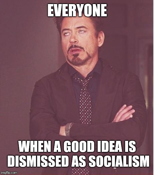 Face You Make Robert Downey Jr Meme | EVERYONE WHEN A GOOD IDEA IS DISMISSED AS SOCIALISM | image tagged in memes,face you make robert downey jr | made w/ Imgflip meme maker