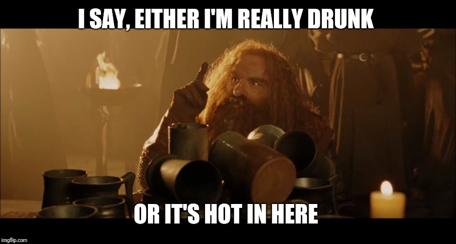 Drunk Gimli | I SAY, EITHER I'M REALLY DRUNK OR IT'S HOT IN HERE | image tagged in drunk gimli | made w/ Imgflip meme maker