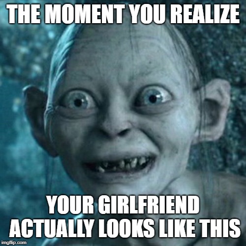 Gollum Meme | THE MOMENT YOU REALIZE; YOUR GIRLFRIEND ACTUALLY LOOKS LIKE THIS | image tagged in memes,gollum | made w/ Imgflip meme maker