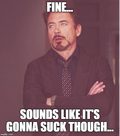 Face You Make Robert Downey Jr Meme | FINE... SOUNDS LIKE IT'S GONNA SUCK THOUGH... | image tagged in memes,face you make robert downey jr | made w/ Imgflip meme maker