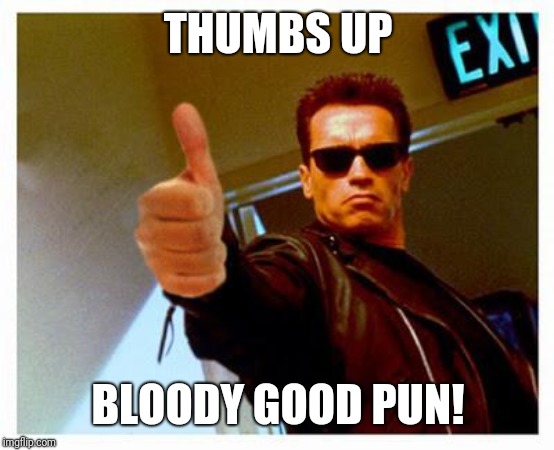 terminator thumbs up | THUMBS UP BLOODY GOOD PUN! | image tagged in terminator thumbs up | made w/ Imgflip meme maker