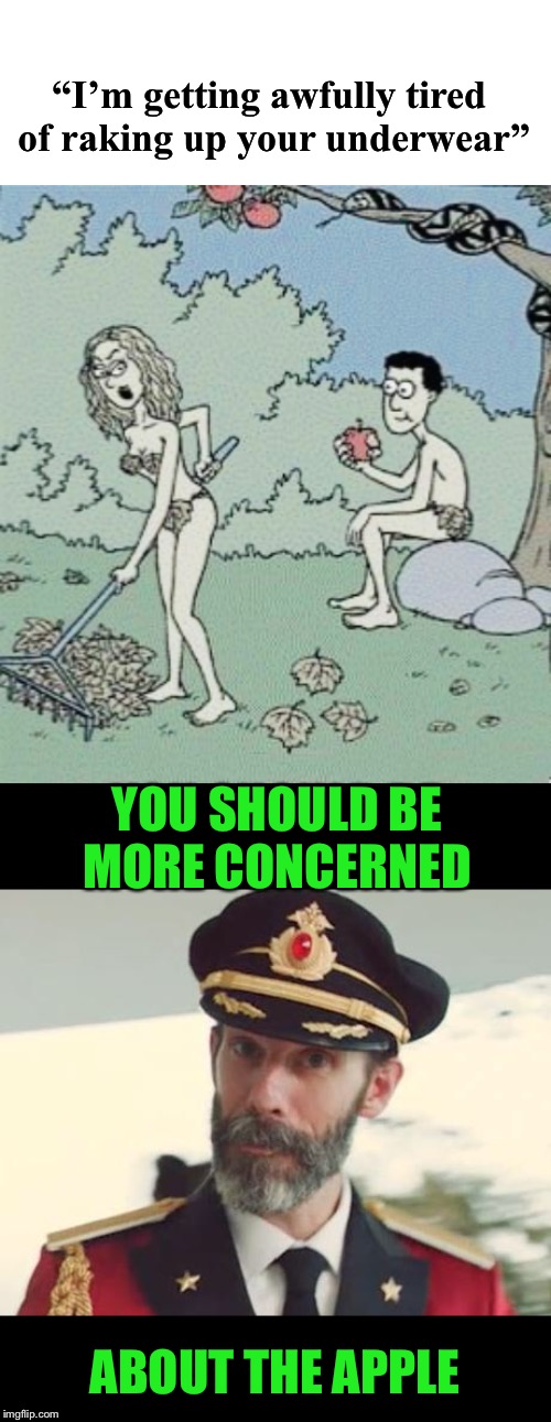 I guess couples have argued right from the beginning  |  “I’m getting awfully tired of raking up your underwear”; YOU SHOULD BE MORE CONCERNED; ABOUT THE APPLE | image tagged in captain obvious,adam and eve,couple arguing,so it begins,apple,bible verse | made w/ Imgflip meme maker