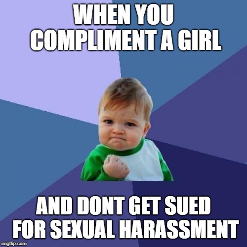 Success Kid | WHEN YOU COMPLIMENT A GIRL; AND DONT GET SUED FOR SEXUAL HARASSMENT | image tagged in memes,success kid | made w/ Imgflip meme maker