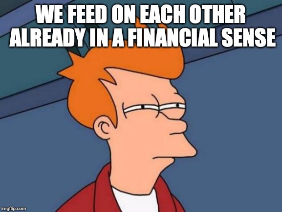 Futurama Fry Meme | WE FEED ON EACH OTHER ALREADY IN A FINANCIAL SENSE | image tagged in memes,futurama fry | made w/ Imgflip meme maker