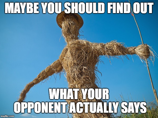 Don't attack strawmen | MAYBE YOU SHOULD FIND OUT; WHAT YOUR OPPONENT ACTUALLY SAYS | image tagged in strawman,memes,truth,politics,science | made w/ Imgflip meme maker
