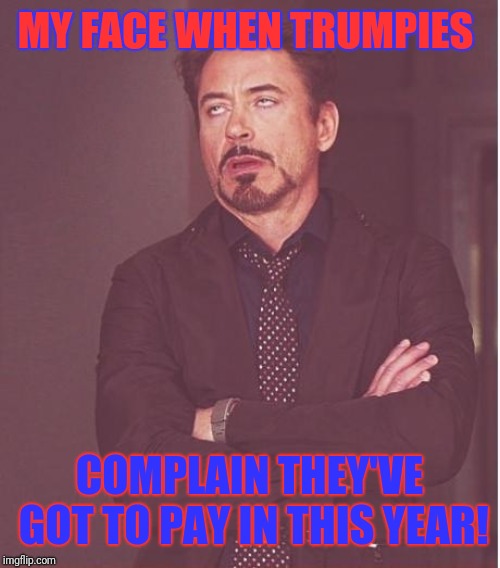 We tried telling you!  | MY FACE WHEN TRUMPIES; COMPLAIN THEY'VE GOT TO PAY IN THIS YEAR! | image tagged in memes,face you make robert downey jr,donald trump,taxes,income taxes,ivanka trump | made w/ Imgflip meme maker