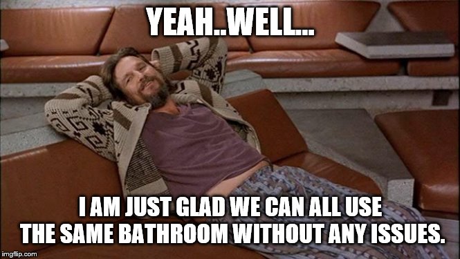 YEAH..WELL... I AM JUST GLAD WE CAN ALL USE THE SAME BATHROOM WITHOUT ANY ISSUES. | made w/ Imgflip meme maker