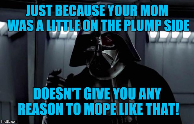 Darth Vader | JUST BECAUSE YOUR MOM WAS A LITTLE ON THE PLUMP SIDE DOESN'T GIVE YOU ANY REASON TO MOPE LIKE THAT! | image tagged in darth vader | made w/ Imgflip meme maker