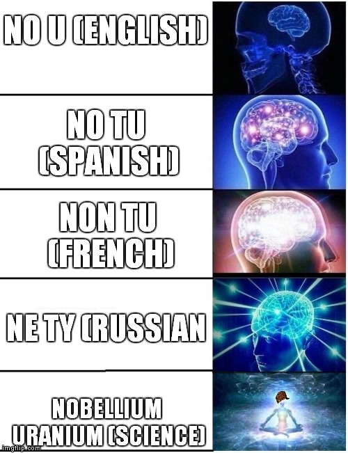 Expanding Brain 5 Panel | NO U (ENGLISH); NO TU (SPANISH); NON TU (FRENCH); NE TY (RUSSIAN; NOBELLIUM URANIUM (SCIENCE) | image tagged in expanding brain 5 panel | made w/ Imgflip meme maker