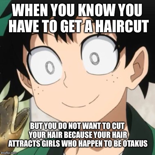 Triggered Deku | WHEN YOU KNOW YOU HAVE TO GET A HAIRCUT; BUT YOU DO NOT WANT TO CUT YOUR HAIR BECAUSE YOUR HAIR ATTRACTS GIRLS WHO HAPPEN TO BE OTAKUS | image tagged in triggered deku | made w/ Imgflip meme maker