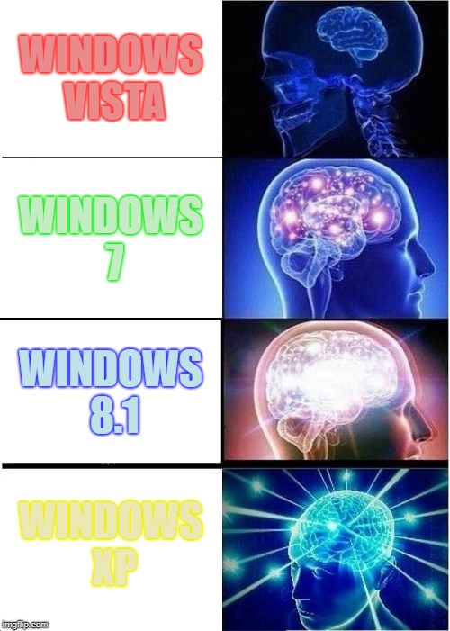 Expanding Windows | WINDOWS VISTA; WINDOWS 7; WINDOWS 8.1; WINDOWS XP | image tagged in memes,expanding brain,windows,windows xp | made w/ Imgflip meme maker