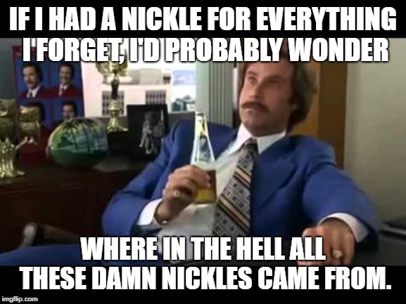 Well That Escalated Quickly Meme | IF I HAD A NICKLE FOR EVERYTHING I FORGET, I'D PROBABLY WONDER; WHERE IN THE HELL ALL THESE DAMN NICKLES CAME FROM. | image tagged in memes,well that escalated quickly | made w/ Imgflip meme maker