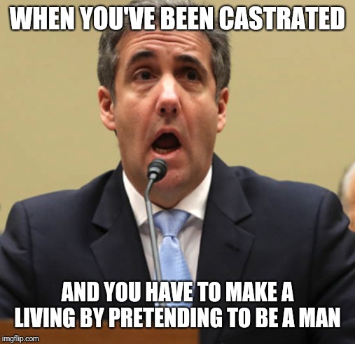 Castrated Cohen | WHEN YOU'VE BEEN CASTRATED; AND YOU HAVE TO MAKE A LIVING BY PRETENDING TO BE A MAN | image tagged in castrated cohen | made w/ Imgflip meme maker