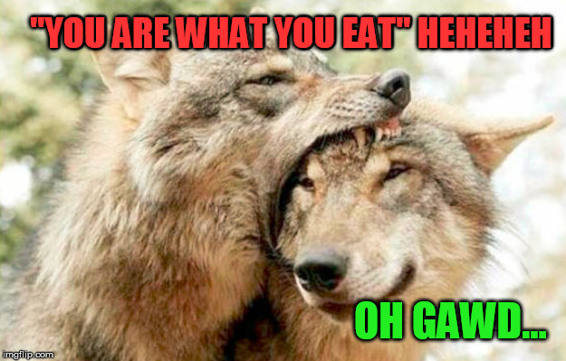 That is not how you eat wolf | "YOU ARE WHAT YOU EAT" HEHEHEH; OH GAWD... | image tagged in wolves,eating | made w/ Imgflip meme maker