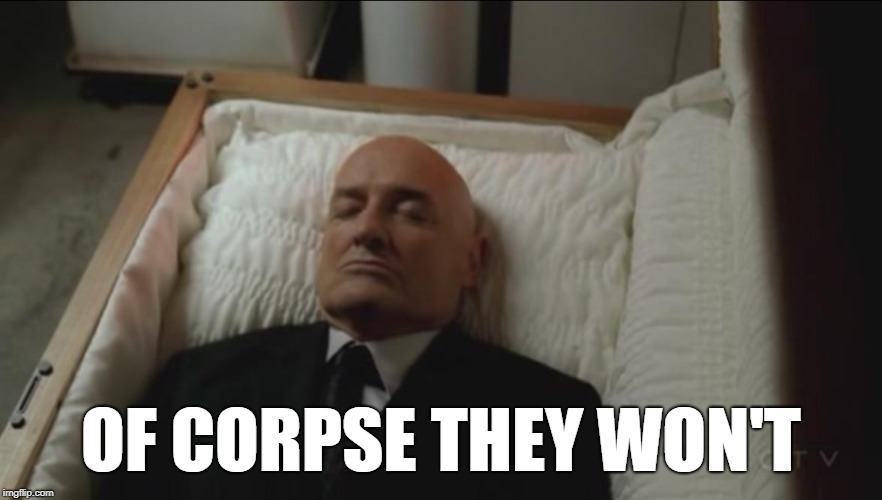 coffin | OF CORPSE THEY WON'T | image tagged in coffin | made w/ Imgflip meme maker