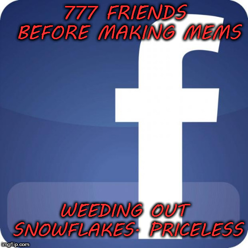 facebook | 777 FRIENDS BEFORE MAKING MEMS; WEEDING OUT SNOWFLAKES. PRICELESS | image tagged in facebook | made w/ Imgflip meme maker